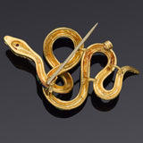 Vintage 18K Yellow Gold Ruby Green & Blue Enamel Snake Brooch Pin