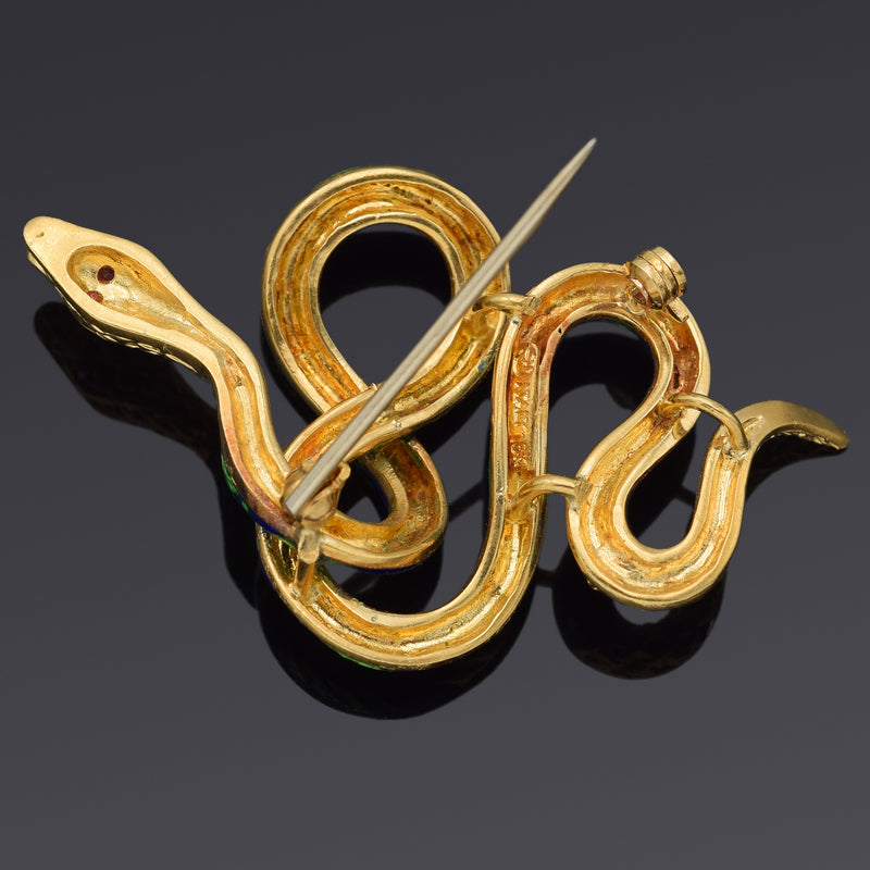 Vintage 18K Yellow Gold Ruby Green & Blue Enamel Snake Brooch Pin