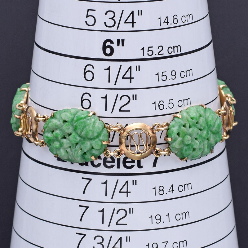 Vintage 14K Yellow Gold Green Jade Floral Carved Oval Link Bracelet 19.8 Grams