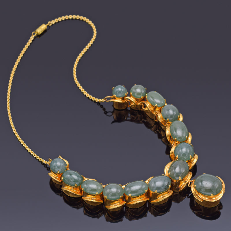 Vintage Gold Plated Translucent Green Jade Oval Cabochon Bib Statement Necklace