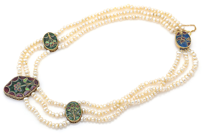 Vintage 14K Yellow Gold Sea Pearl Floral Enamel Beaded Multi-Strand Necklace