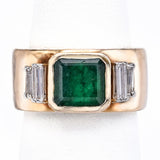 Vintage 14K Yellow Gold Emerald & 0.48 TCW Diamond Hand Made Wide Band Ring