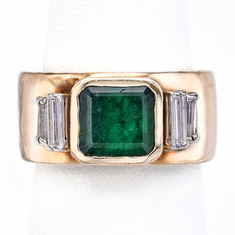 Vintage 14K Yellow Gold Emerald & 0.48 TCW Diamond Hand Made Wide Band Ring