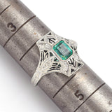 Antique 14K White Gold Emerald Art Deco Cocktail Ring Size 4