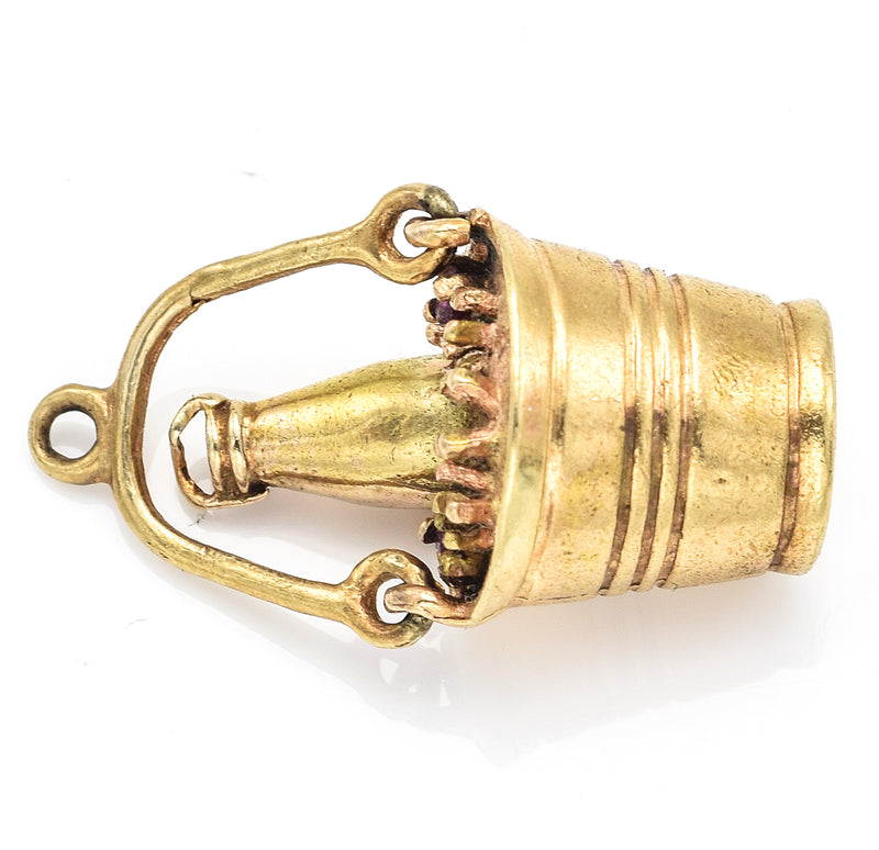 Vintage 14K Yellow Gold Ruby Champagne Wine Bucket Charm Pendant