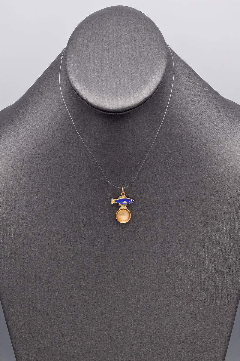 Vintage 14K Yellow Gold Fish Frying Pan Enamel Charm Pendant
