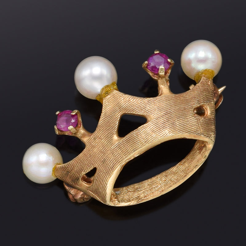 Vintage Leon 14K Yellow Gold Ruby & Sea Pearl Crown Brooch Pin 22.7 x 15.5 mm