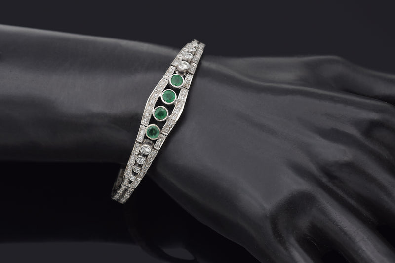 Antique Art Deco 14K White Gold Emerald & 1.66 Diamond Tennis Bracelet
