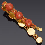 Vintage 18K Yellow Gold Red Coral Carved Flower Link Bracelet