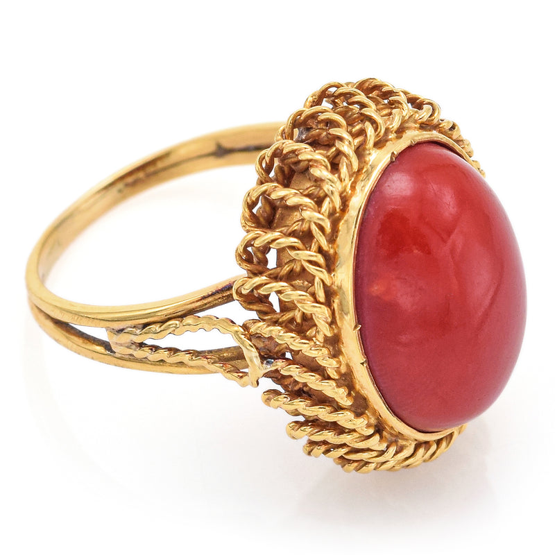 Vintage 14K Yellow Gold Red Coral Cabochon Oval Cocktail Ring