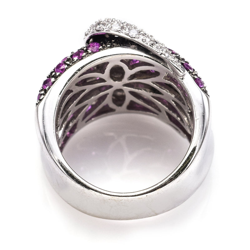 Vintage 18K White Gold Ruby & 0.50TCW Diamond Buckle Cluster Cocktail Ring