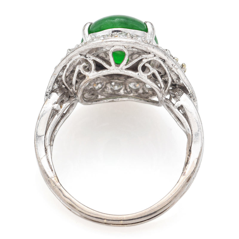 Vintage 14K White Gold 3.37 Ct Imperial Green Jade & 0.61 TCW Diamond Oval Ring