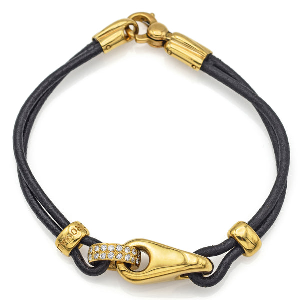 Oromalia Italy 18K Yellow Gold Diamond Leather Bracelet