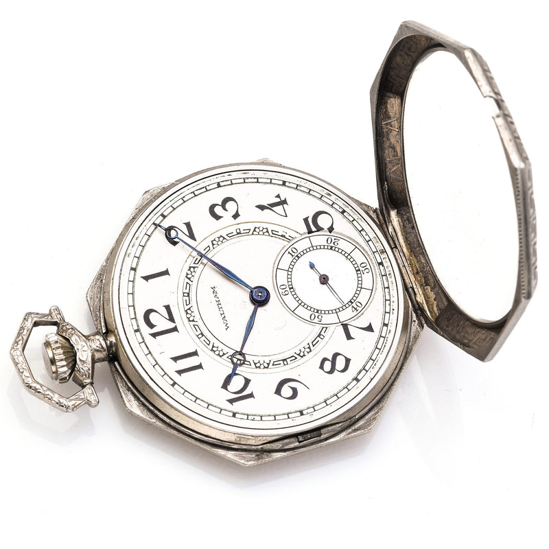 Antique Waltham 14K White Gold 17 Jewels Greek Key Deer Pocket Watch
