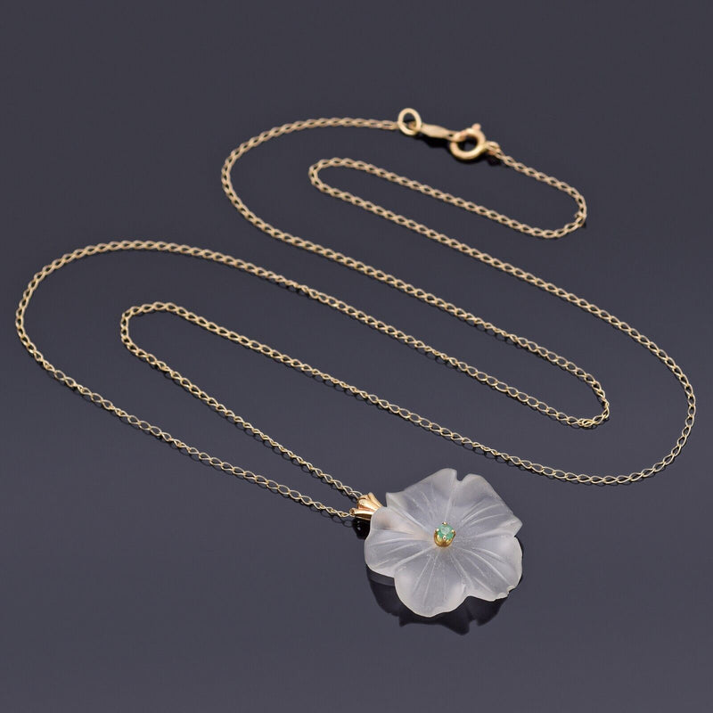Vintage 14K Yellow Gold Frosted Quartz & Emerald Floral Pendant Necklace 19"