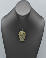 Antique 14K Yellow Gold Grayish Green Jade Large Nezha Brooch Pendant