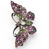 Antique 14K Rose Gold Ruby Emerald Sapphire Diamond Butterfly Brooch