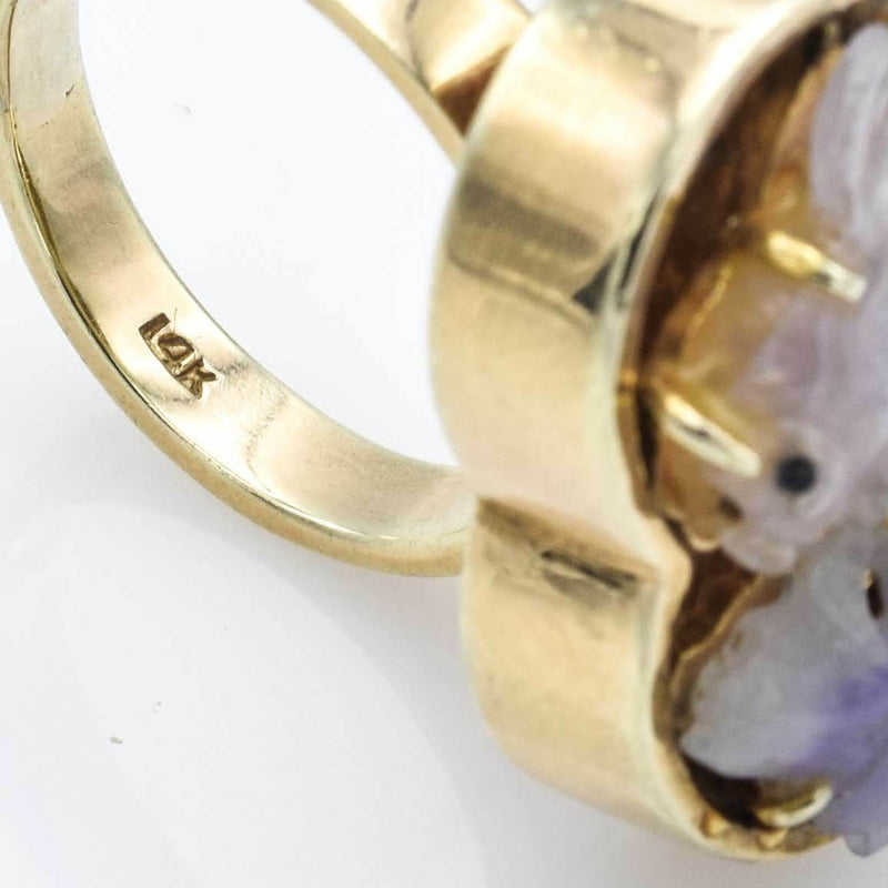 Vintage 14K Yellow Gold Lavender Jade Koi Fish Ring