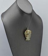 Antique 14K Yellow Gold Grayish Green Jade Large Nezha Brooch Pendant