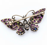 Antique 14K Rose Gold Ruby Emerald Sapphire Diamond Butterfly Brooch