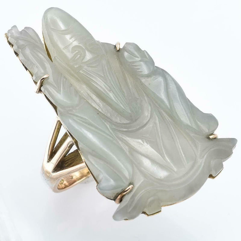 Antique 14K Yellow Gold Carved Shou Pale Green Jade Ring