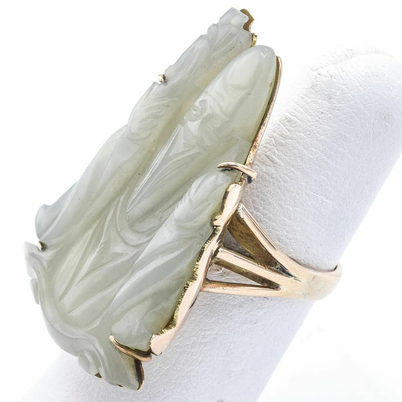 Antique 14K Yellow Gold Carved Shou Pale Green Jade Ring