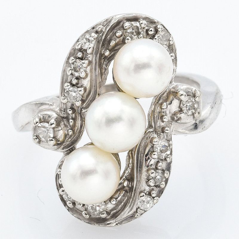 Vintage 14K White Gold Sea Pearl & Diamond Art Deco Ring