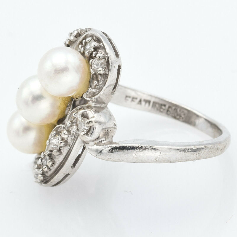 Vintage 14K White Gold Sea Pearl & Diamond Art Deco Ring