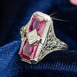 Antique 14K White Gold 2.48 TCW Ruby & Diamond Filigree Cocktail Ring