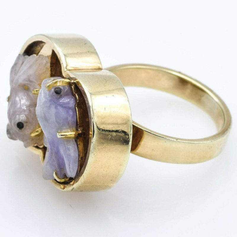 Vintage 14K Yellow Gold Lavender Jade Koi Fish Ring