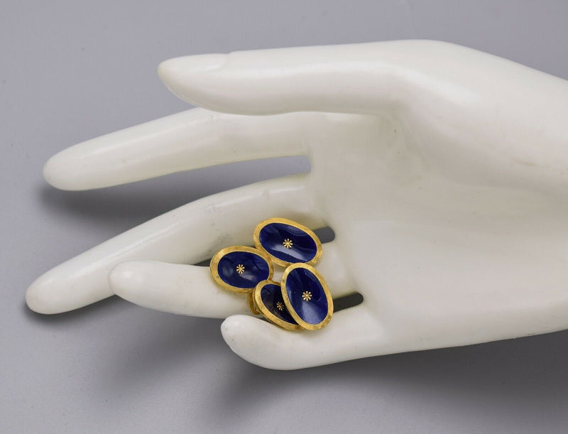Vintage JHB Signed 18K Yellow Gold Blue Enamel Oval Cufflinks