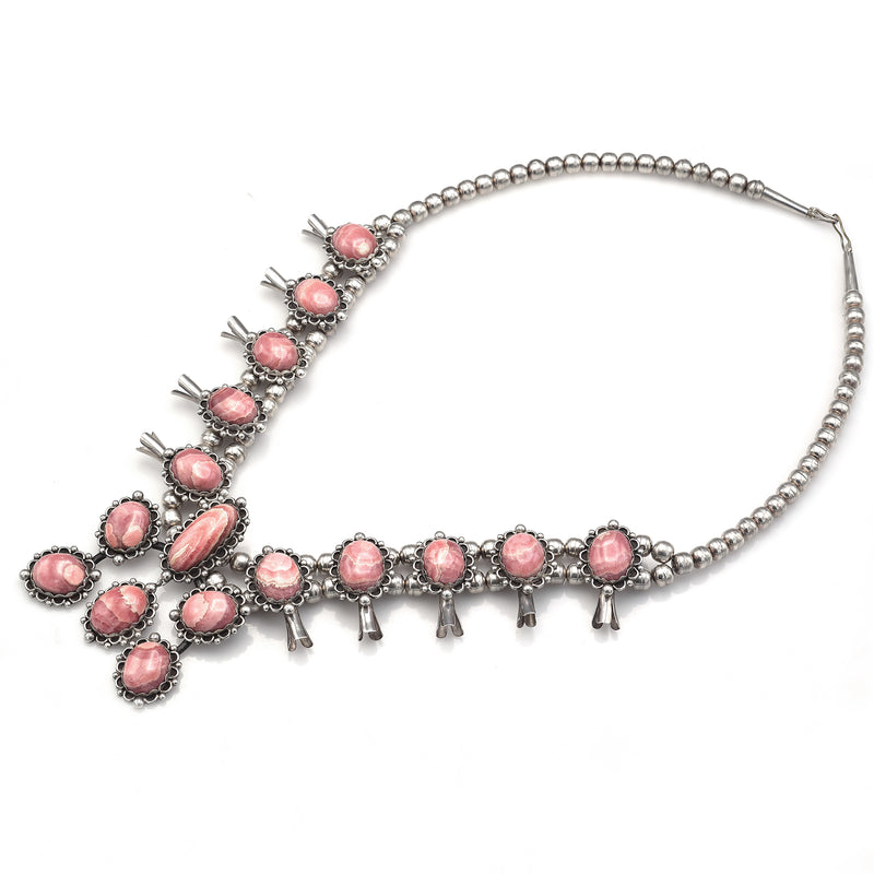 Vintage Sterling Silver Rhodochrosite Southwest Squash Blossom Necklace