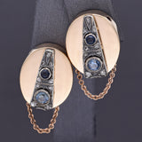 Antique 14K Gold Blue Topaz, Blue Paste & Rose Cut Diamond Omega-Back Earrings