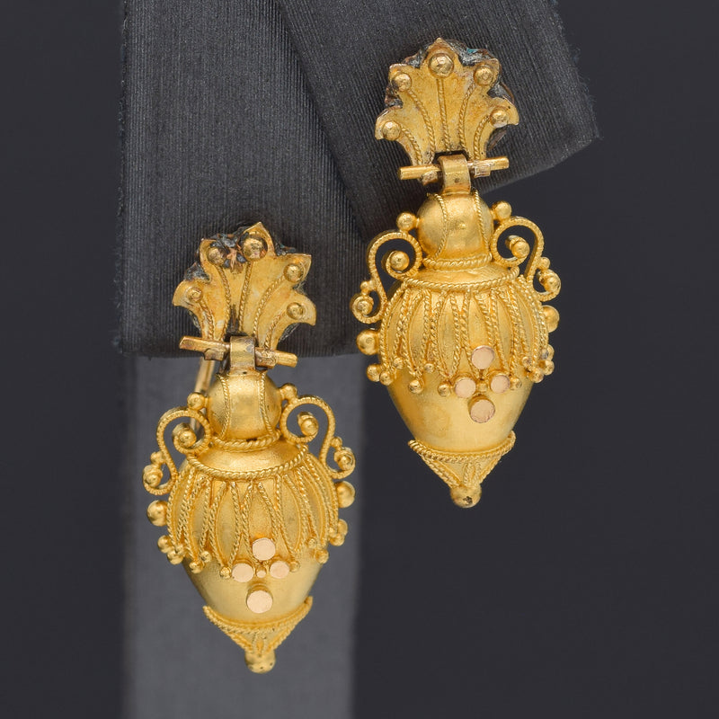 Antique Victorian Etruscan 14K Yellow Gold Screw-Back Dangle Earrings