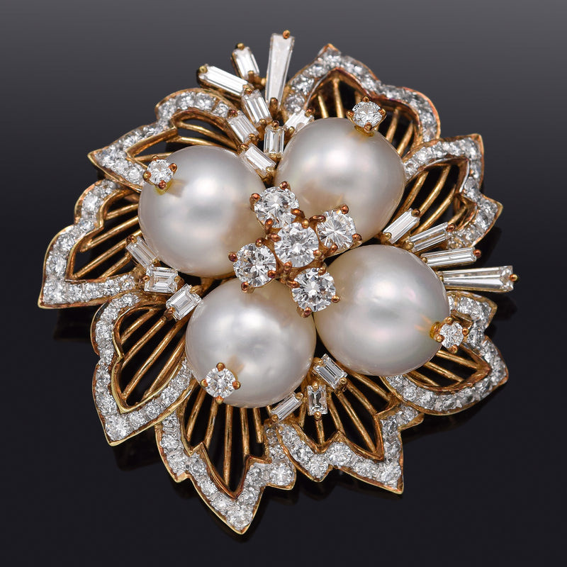 Vintage 18K Gold Natural Tahitian Pearl & 3.09 TCW Diamond Brooch Pin Pendant