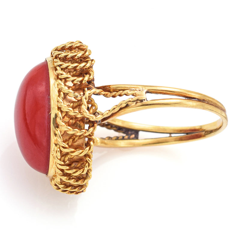 Vintage 14K Yellow Gold Red Coral Cabochon Oval Cocktail Ring
