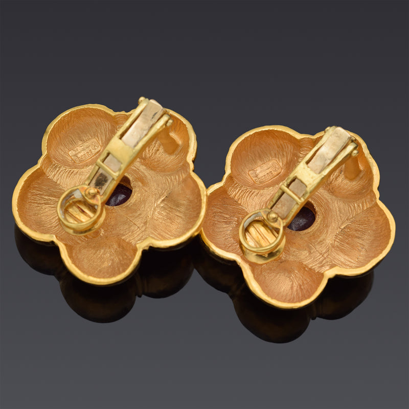 Vintage Ilias Lalaounis Greece 18K Yellow Gold Ruby Flower Clip On Earrings