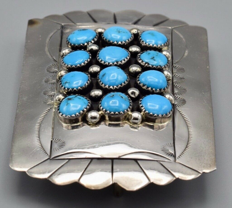 Vintage Southwestern Sterling Silver Turquoise Nugget Carved Belt Buckle