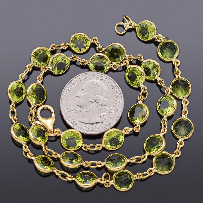 Estate 18K Yellow Gold Peridot Round Link Necklace + Box 22.5G 18.5 Inches