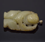 Antique 14K Yellow Gold Mutton Fat Jade Large Carved Nezha Deity Pendant