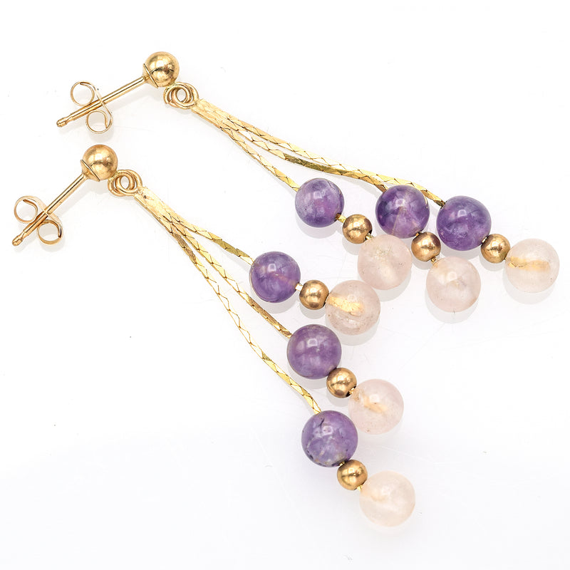 Vintage 14K Yellow Gold Amethyst & Rose Quartz Beaded Multi-Strand Dangle Earrings