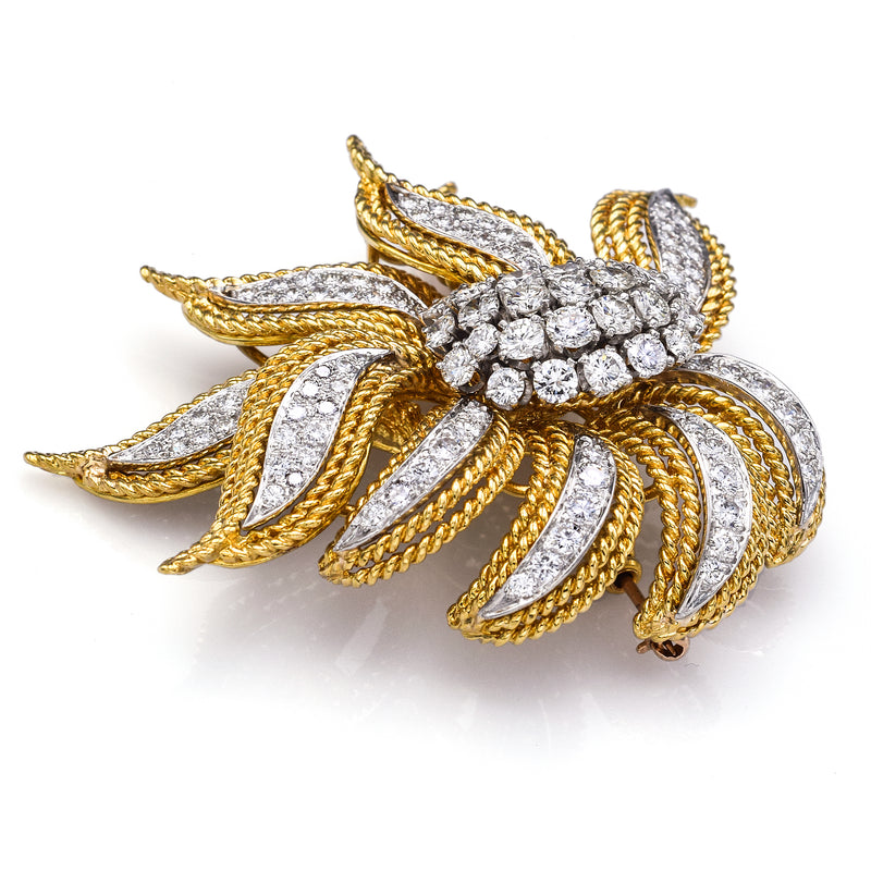 Vintage 18K Yellow Gold & Platinum 6.05TCW Diamond Floral Brooch Pin