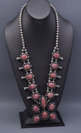 Vintage Sterling Silver Rhodochrosite Southwest Squash Blossom Necklace