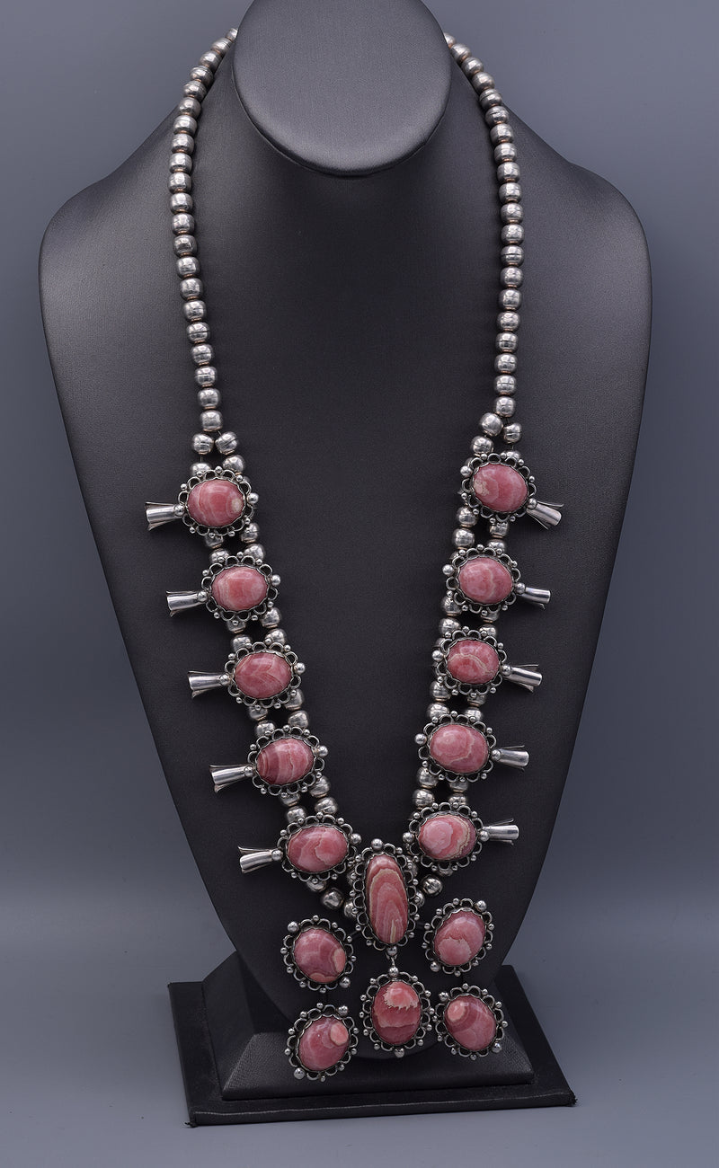 Vintage Sterling Silver Rhodochrosite Southwest Squash Blossom Necklace