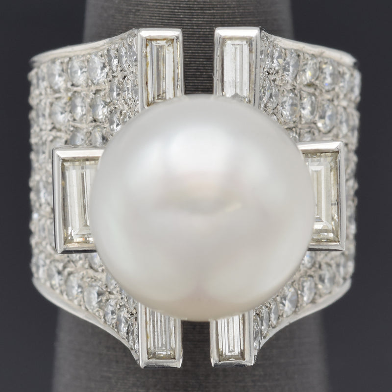 Vintage 18K White Gold Sea Pearl & 3.85 TCW Diamond Cocktail Ring 19.4G Size 5