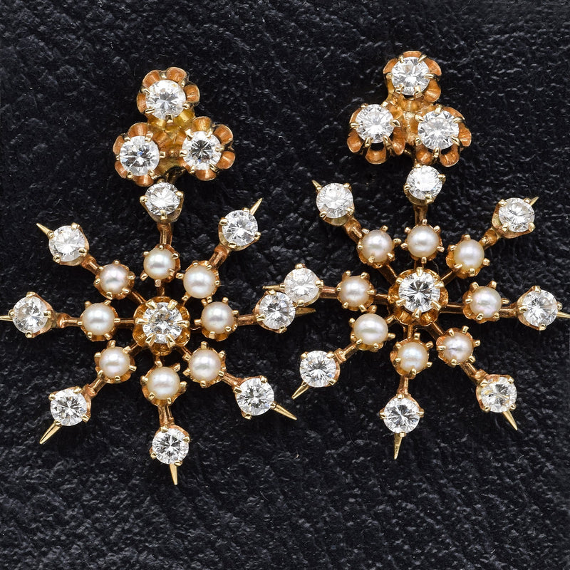 Vintage 14K Gold Diamond & Pearl Snowflake Ear Jacket Earrings