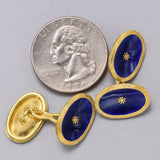 Vintage JHB Signed 18K Yellow Gold Blue Enamel Oval Cufflinks