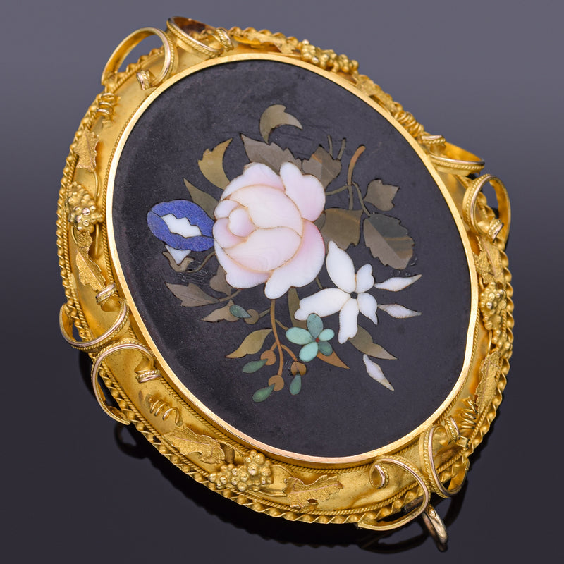 Antique 18K Yellow Gold Pietra Dura Multi-Stone Oval Floral Brooch Pin Pendant