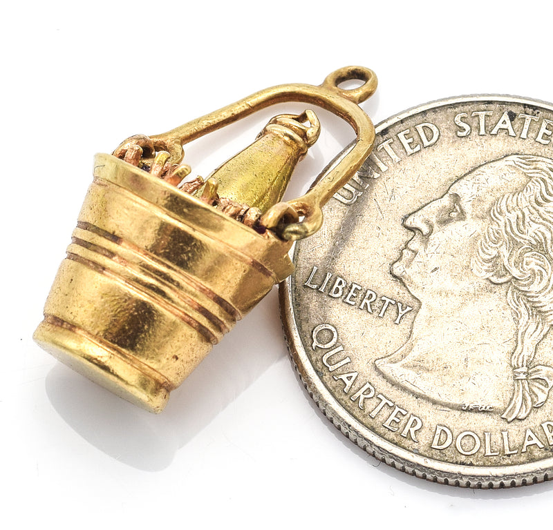 Vintage 14K Yellow Gold Ruby Champagne Wine Bucket Charm Pendant