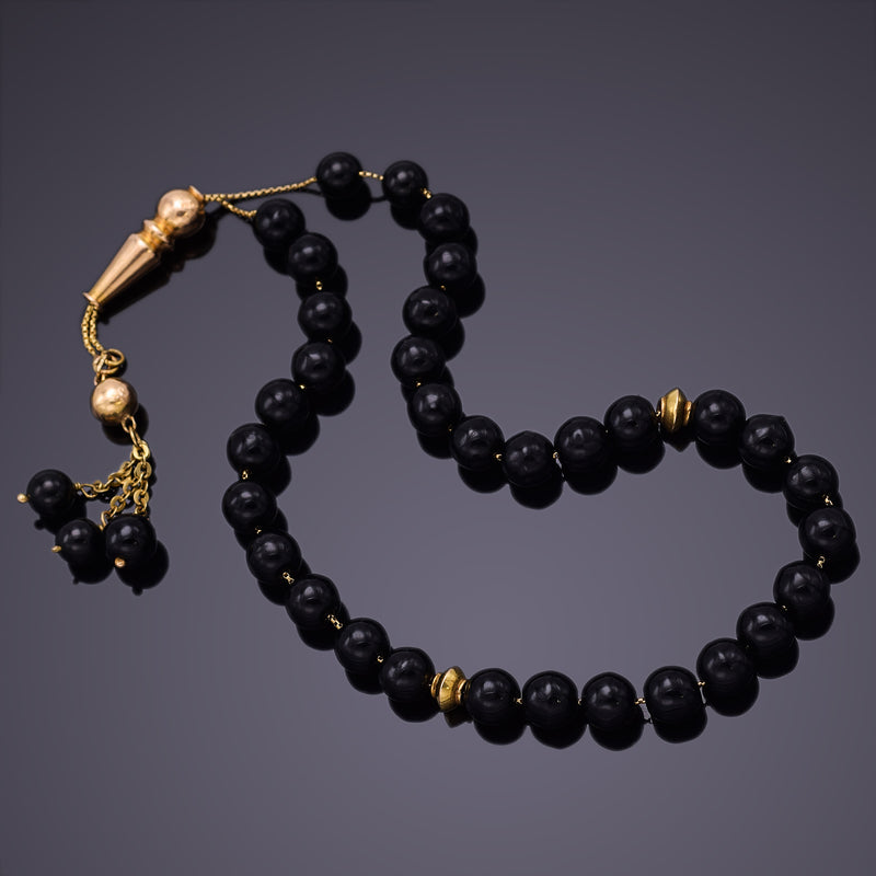 Vintage 18K Yellow Gold Black Onyx Prayer Beads 26.7 Grams